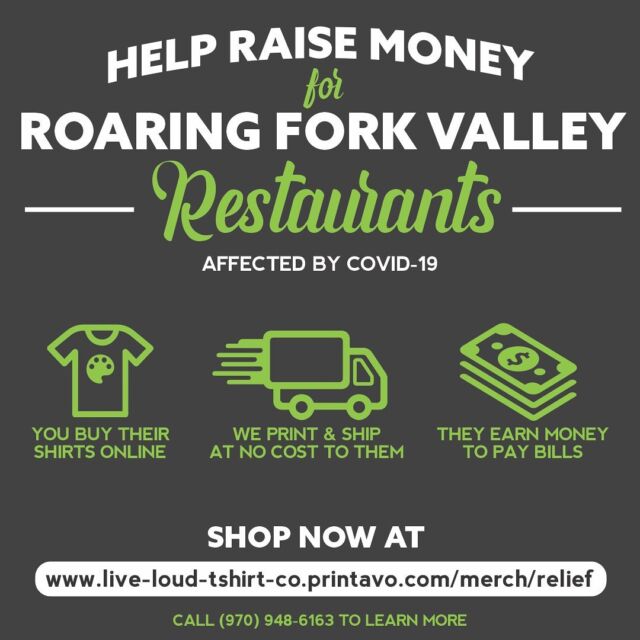 Support our local Roaring Fork Restaurants!  For every shirt sold the restaurant receives $10 at no cost or risk to pay their bills!  Link in Bio.
#inthistogether #aspen #basalt #carbondale #glenwoodsprings